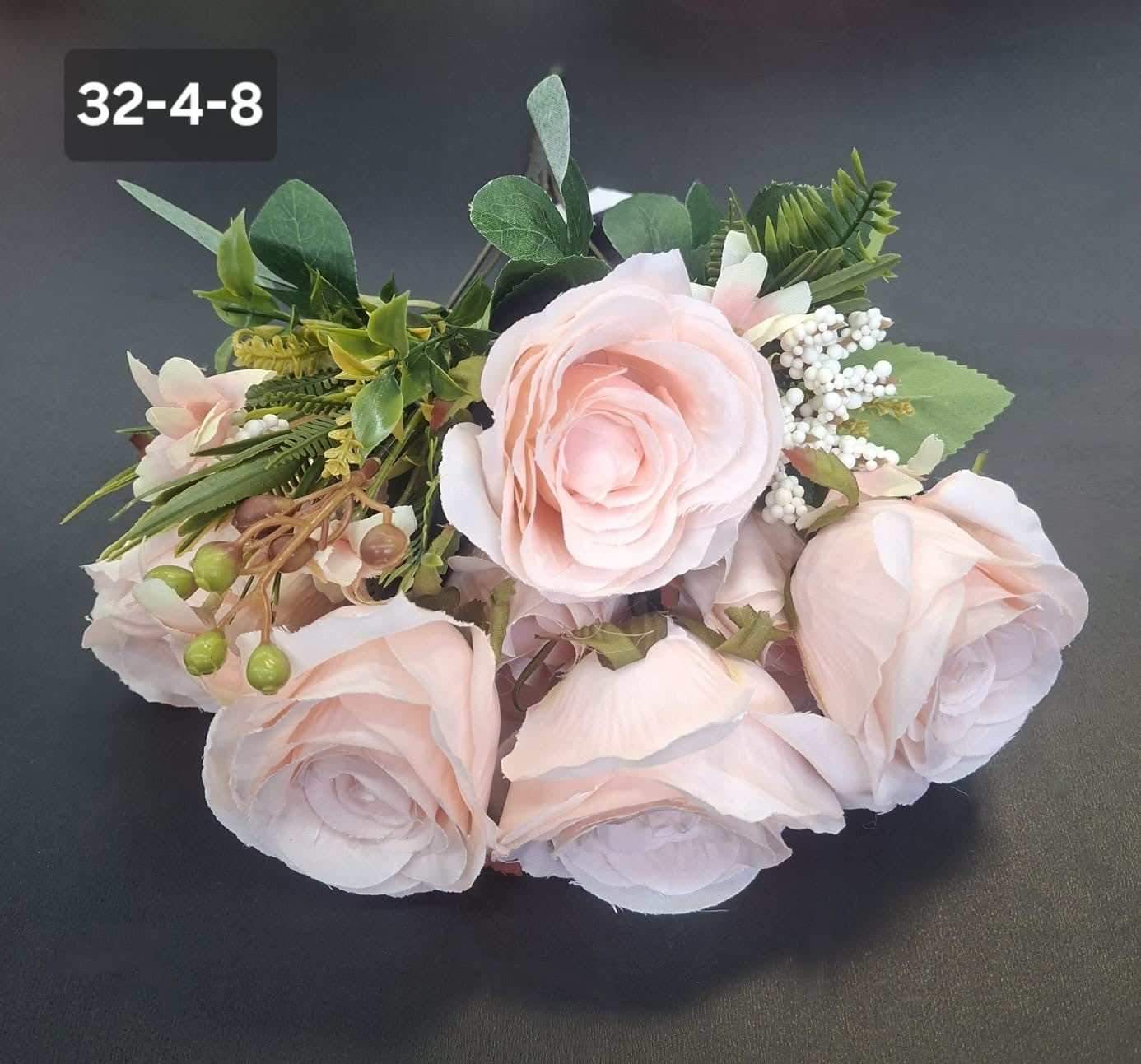 Buchet 7 trandafiri roz pal artificiali – 49cm, tije sârmă, material textil